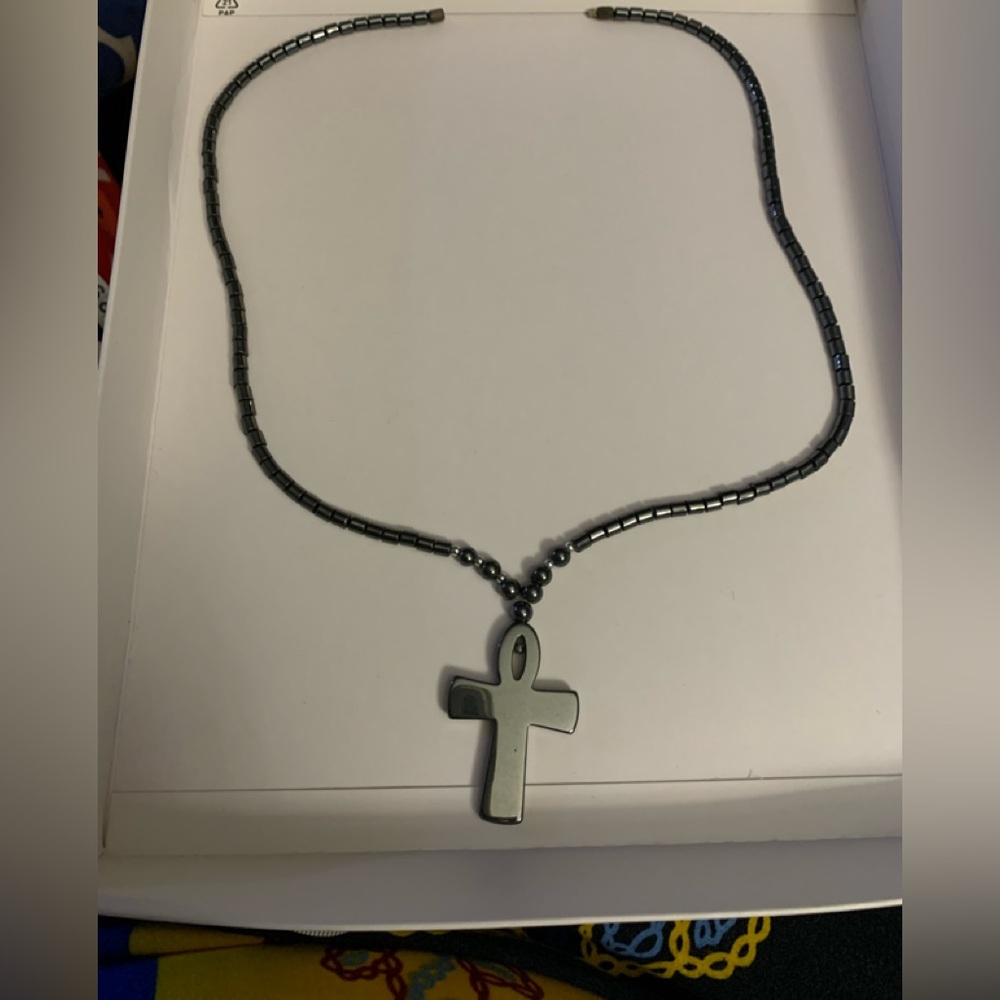 Unisex hematite necklace with cross, 23” length